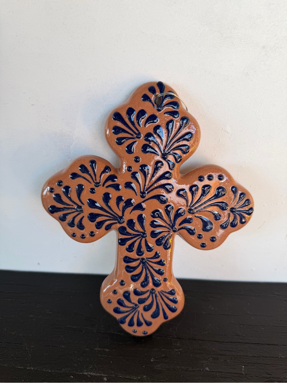 Handcrafted Talavera Terracotta Cross Wall Art with Navy Floral Accents